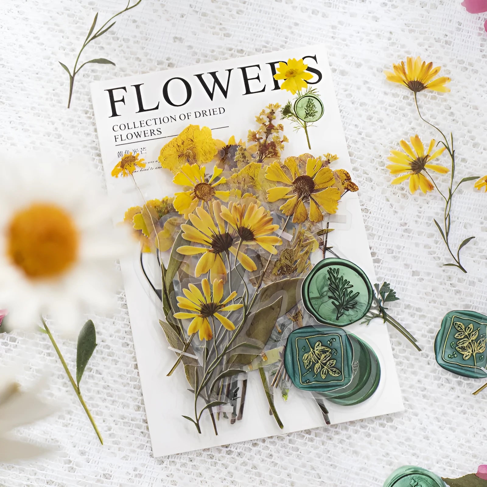 Fire Paint Creative dried flower journal sticker set showing 40 sheets with 160 PET stickers in 8 colour styles.