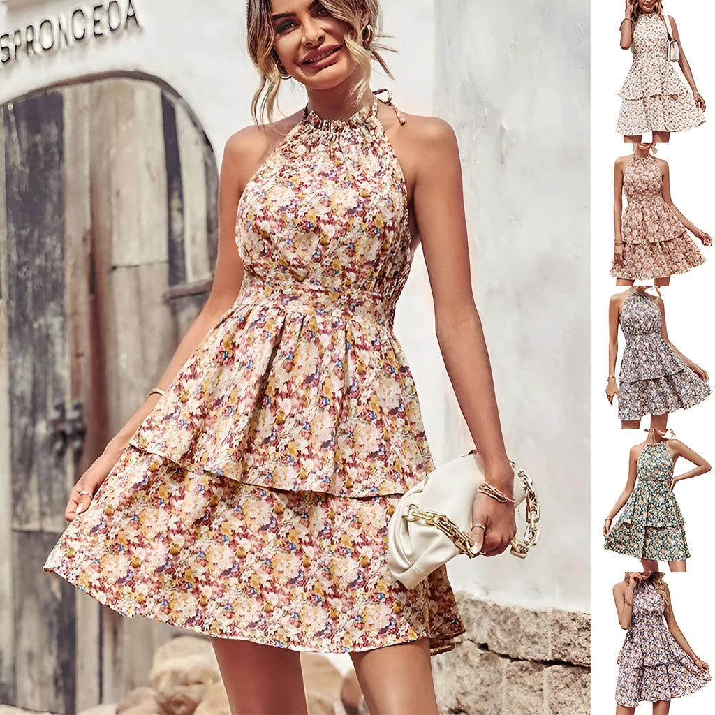 Women's backless halter dress with ruffled A-line silhouette in printed design
