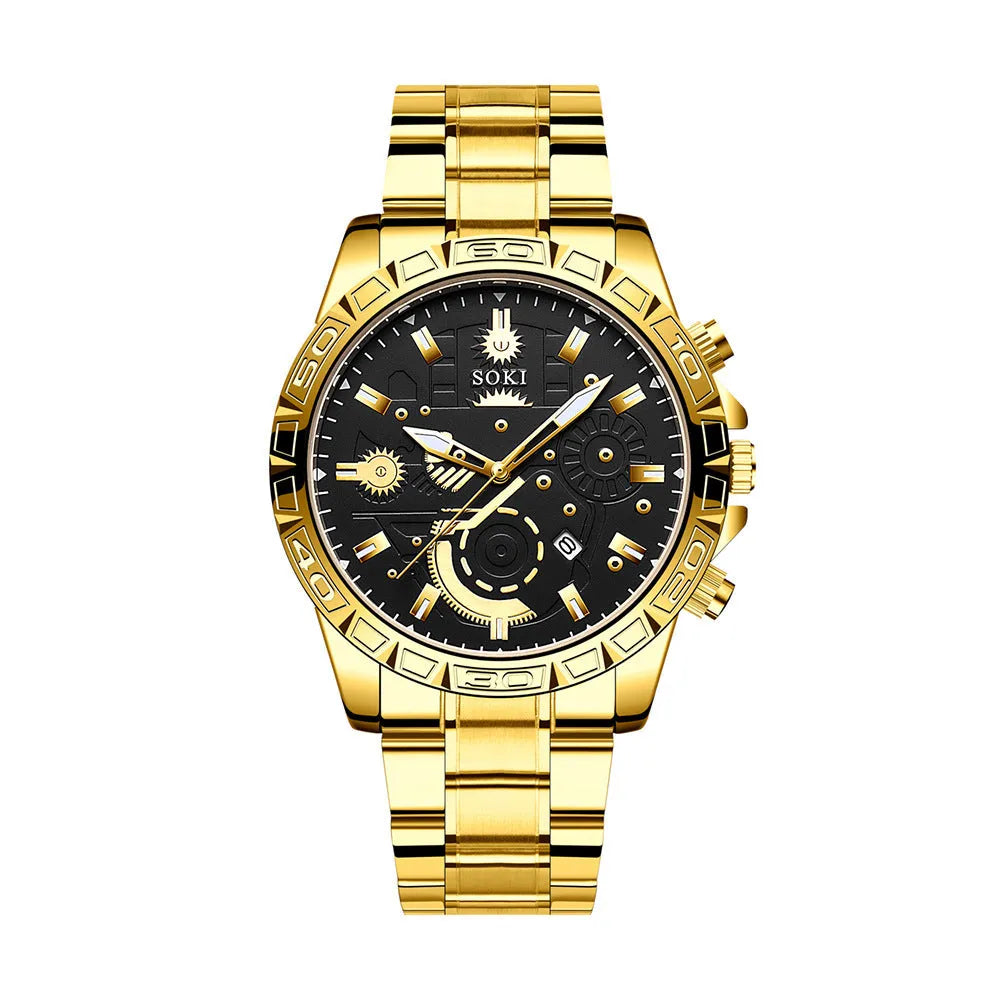 Men's gold tone stainless steel business calendar quartz watch with 10mm thickness case