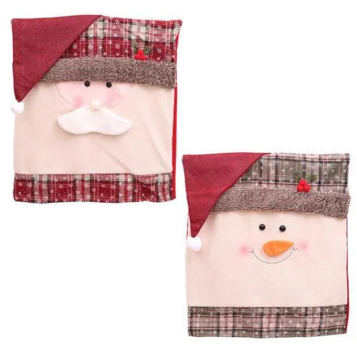 Set of red and white Christmas dining chair covers featuring Santa Claus, Snowman, and Santa hat designs.