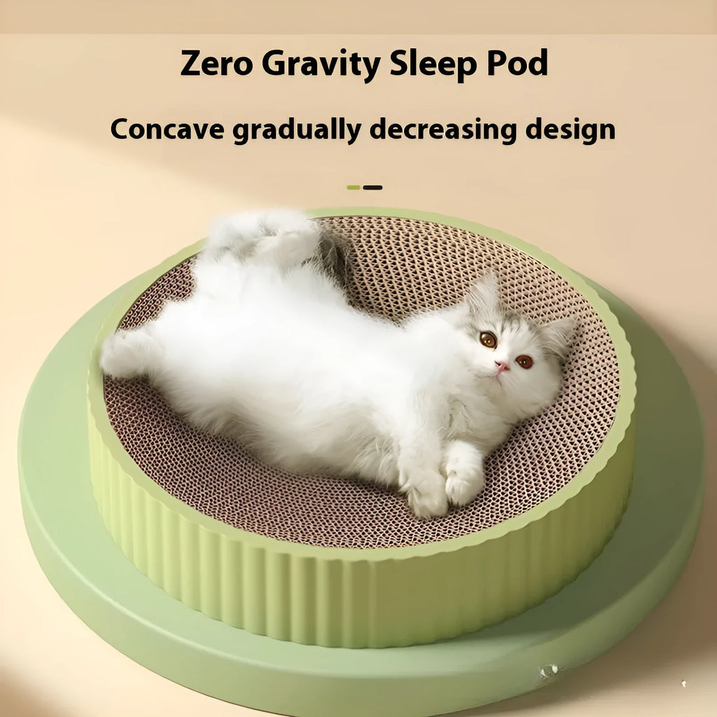 Green and white round cat scratching board measuring 55cm with replaceable corrugated cardboard scratching surfaces