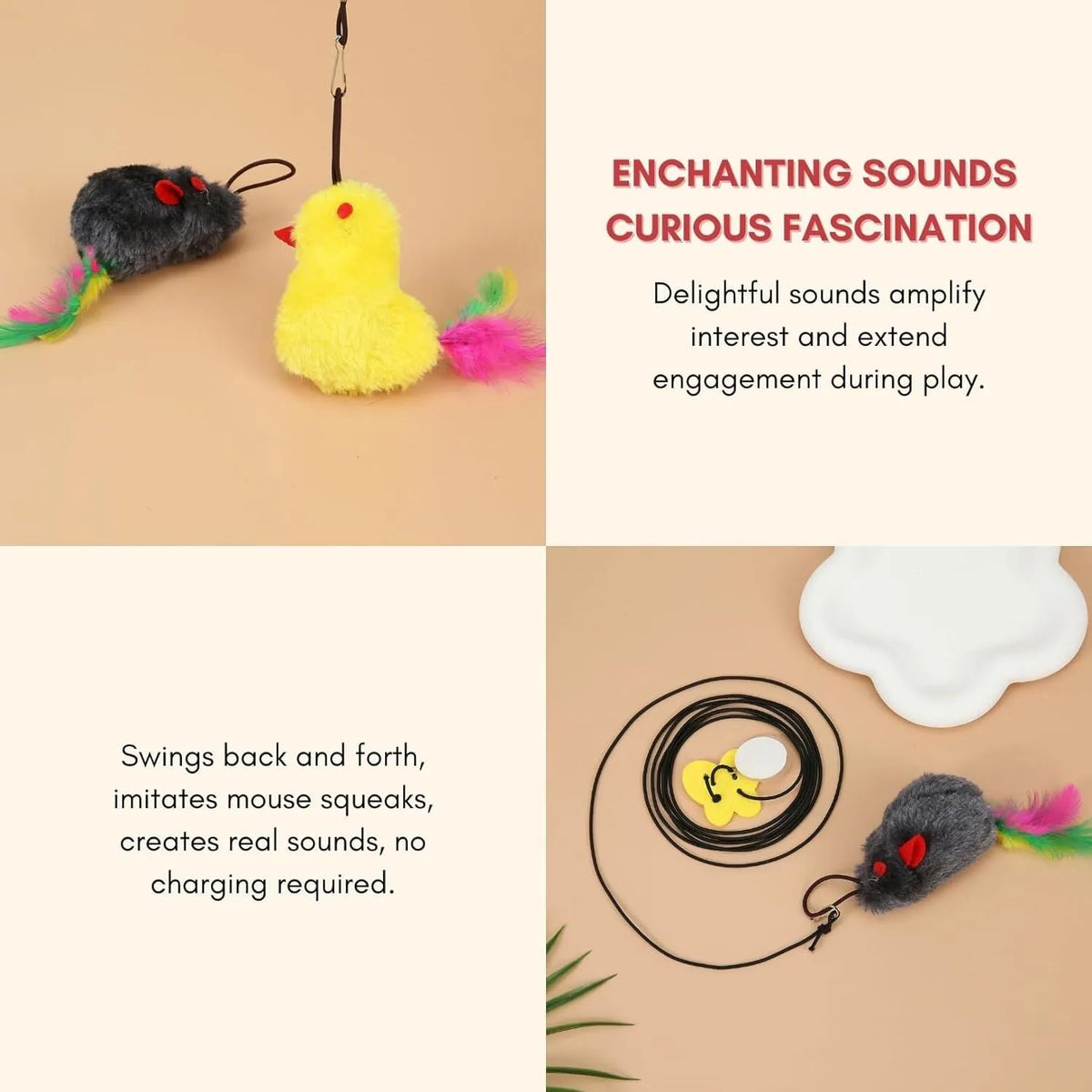 Interactive cat toy hanging on door frame with elastic rope, dangling mouse toy, and treat reward bulb