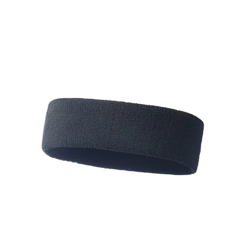 Elastic solid colour sports sweatband in black, shown flat.