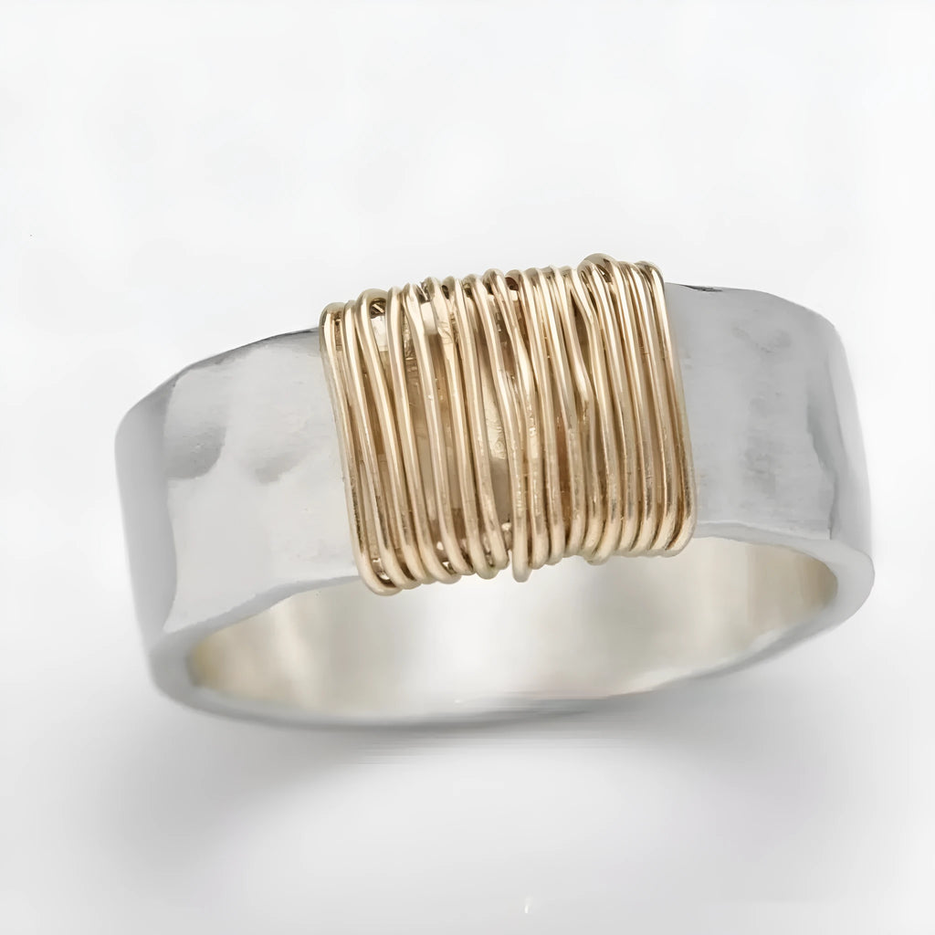 Copper simple bracelet wide face ring with electroplated silver golden coil finish showing geometric modelling