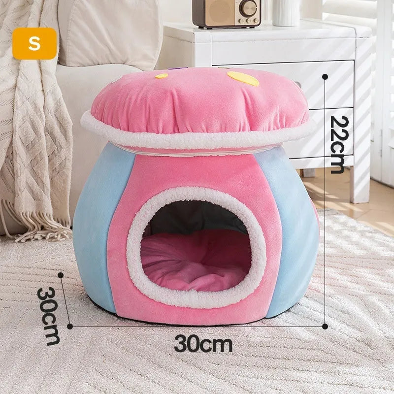 Mushroom-shaped cat bed with rabbit plush cover in grey pink purple colours