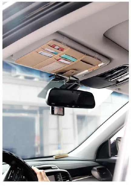 PU leather car sun visor clip organiser 30x14cm holding CD phone glasses and tickets, beige black grey options