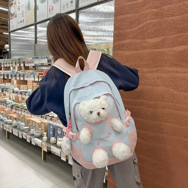 Cute bear nylon schoolbag with curved shoulder straps, macaron colours, and 20-35L capacity for school and college
