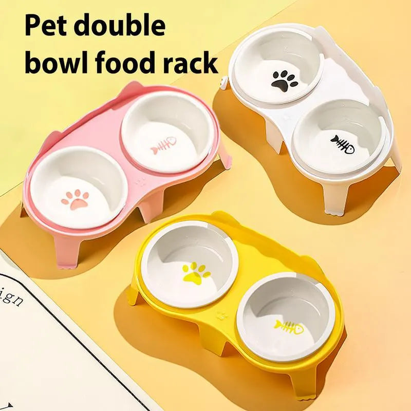 Ceramic elevated cat feeding bowl set with tilted bowls and stand in blue, pink, white or yellow
