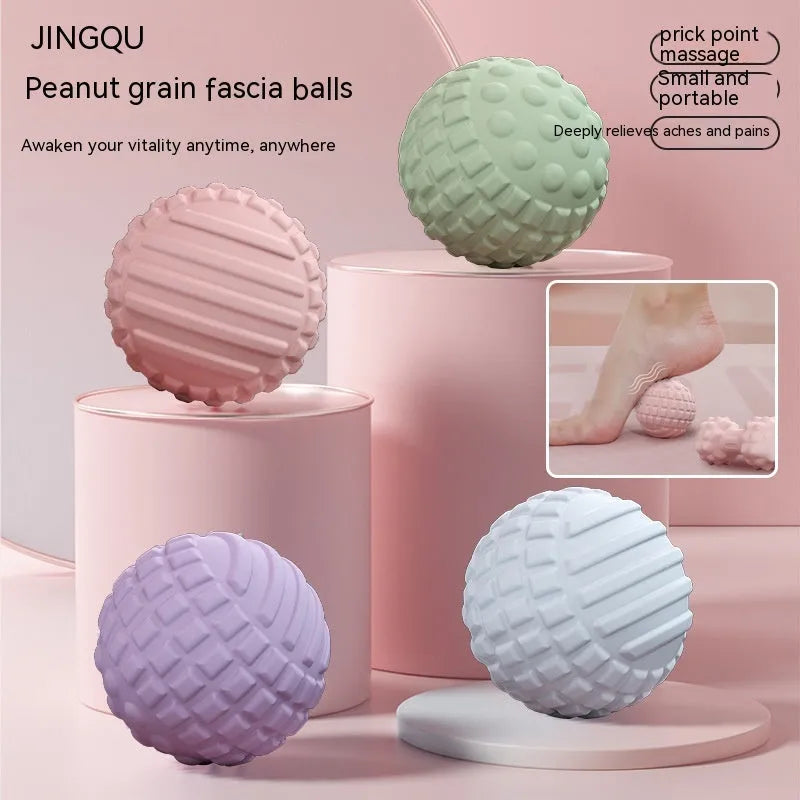 TPR foot massage ball and peanut yoga balls in pink, blue, green, and purple colour options.