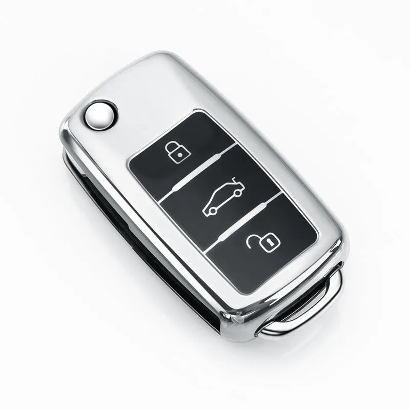 Volkswagen VW Model A car key case in blue, holding three keys in a folding TPU single-shell design.
