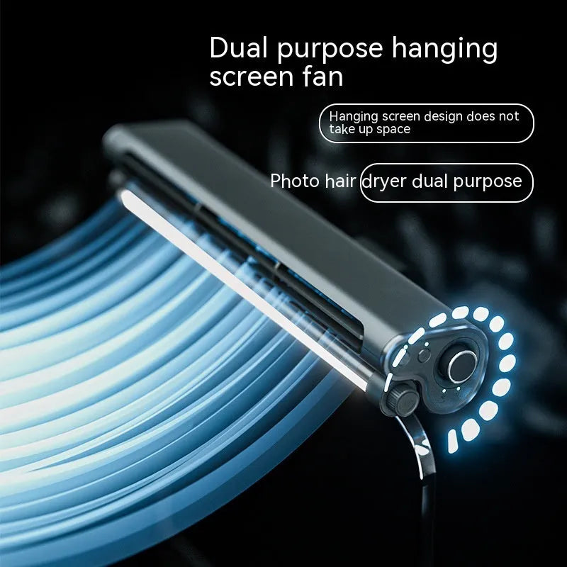 Black USB-powered bladeless clip-on fan with integrated lamp attached to a laptop screen.