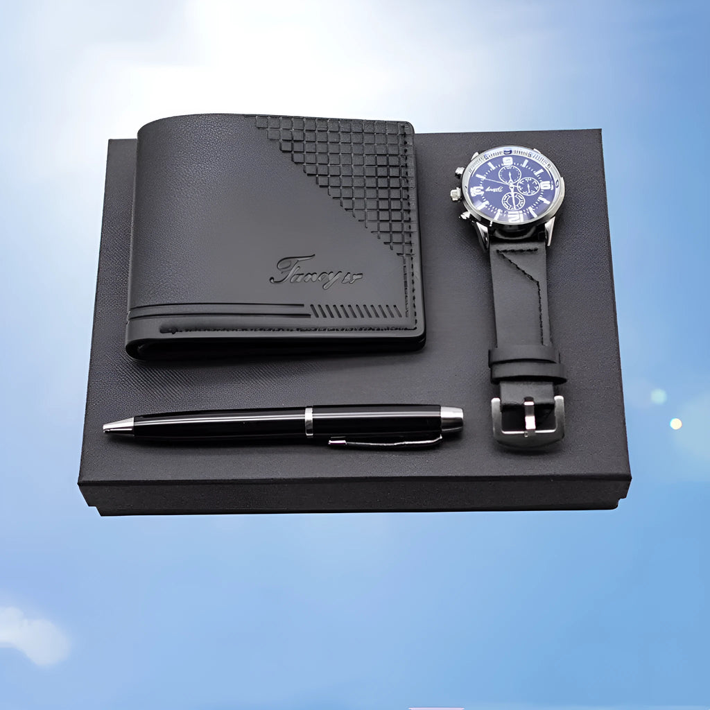 Brown and black gift set box containing a watch, a leather-look wallet, and a pen for business or personal gifting.