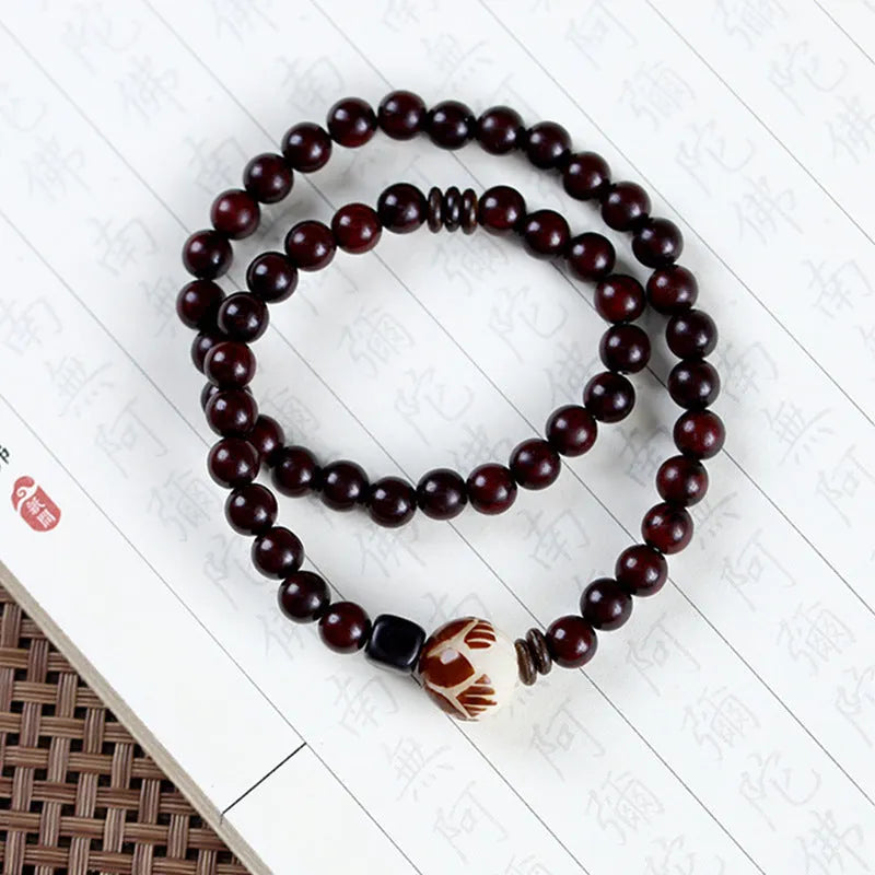 Natural rosewood double-ring bracelet with 10mm floral beads in hand-knitted construction