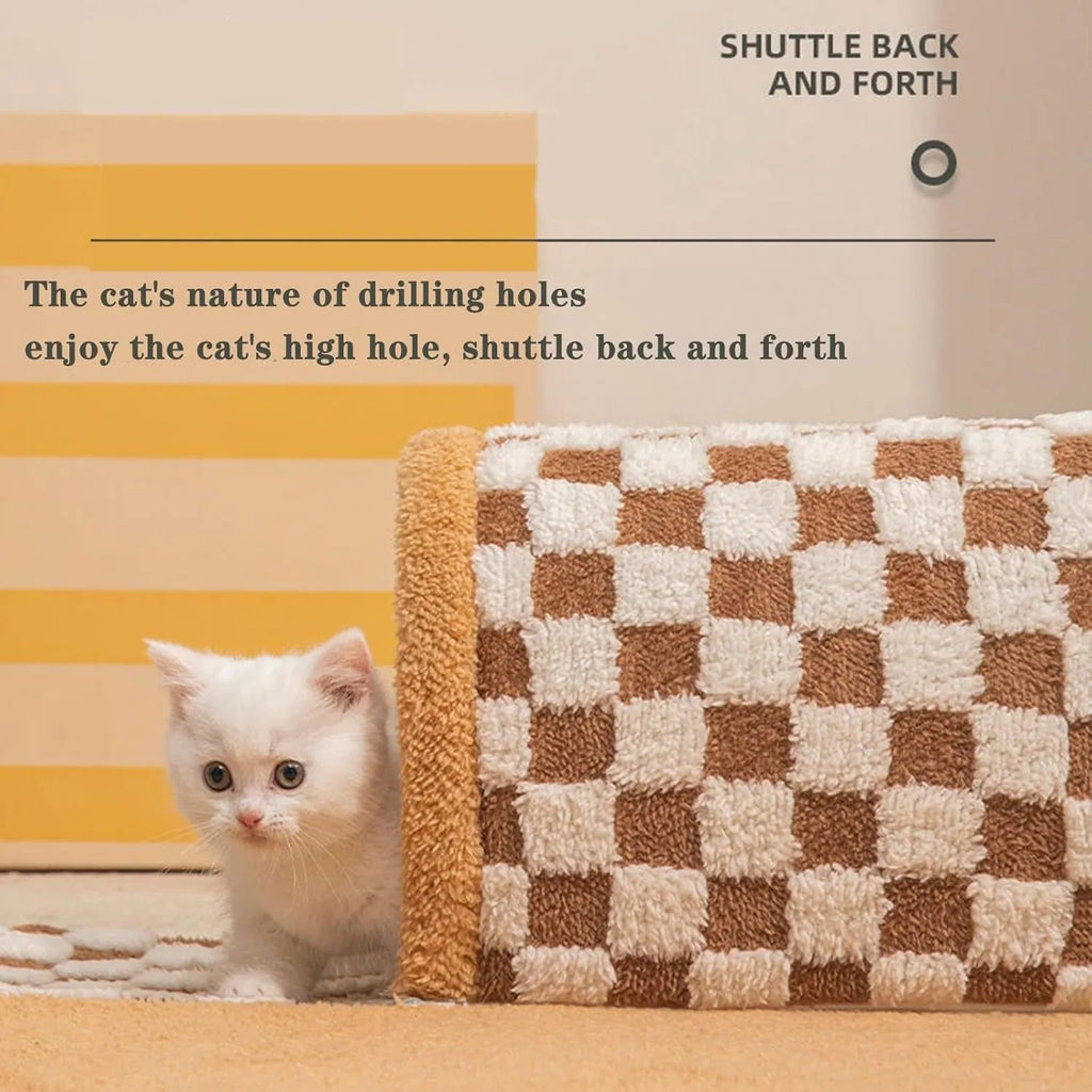 Brown plush plaid cat tunnel bed with central mat, showing collapsible tube and non-slip bottom