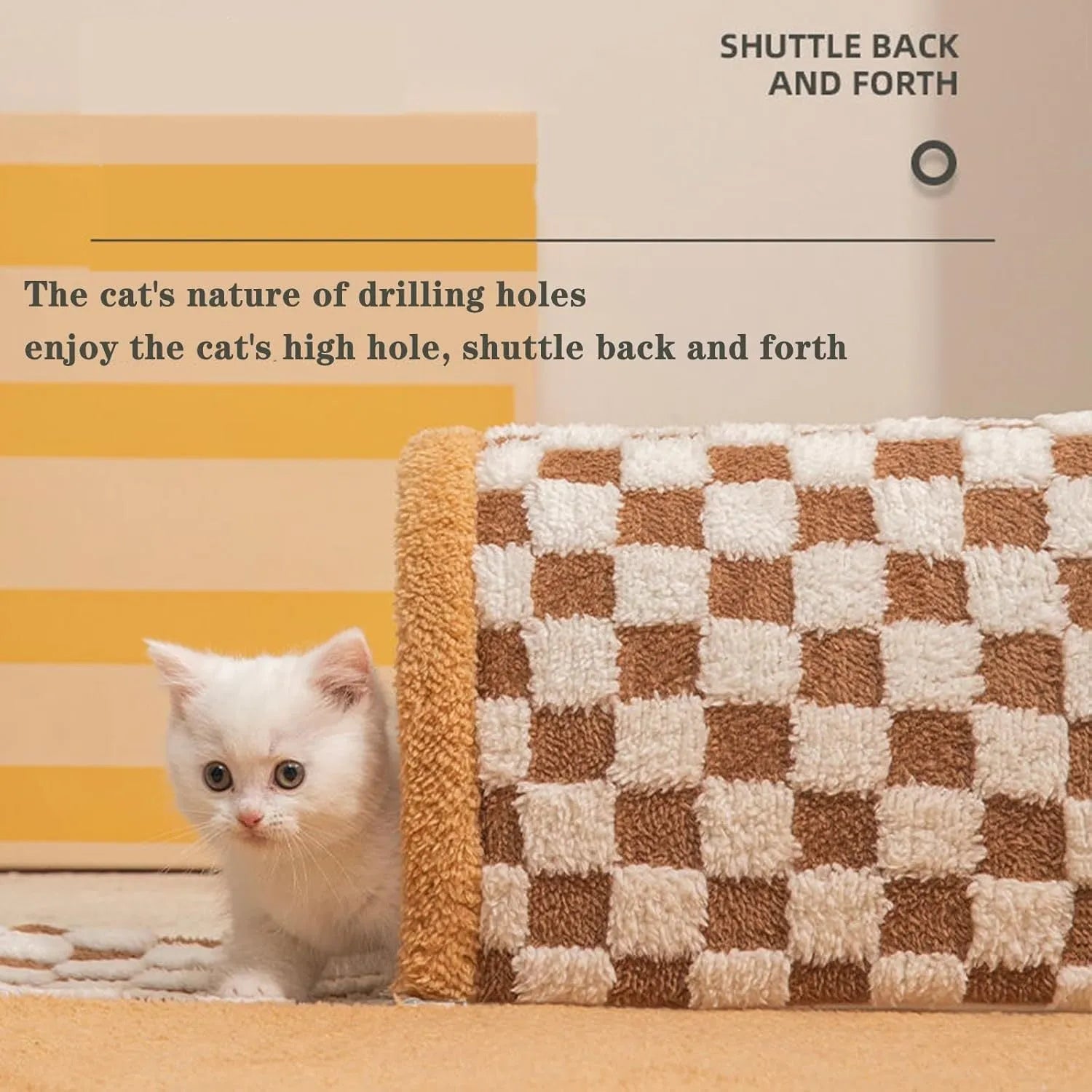 Brown plush plaid cat tunnel bed with central mat, showing collapsible tube and non-slip bottom