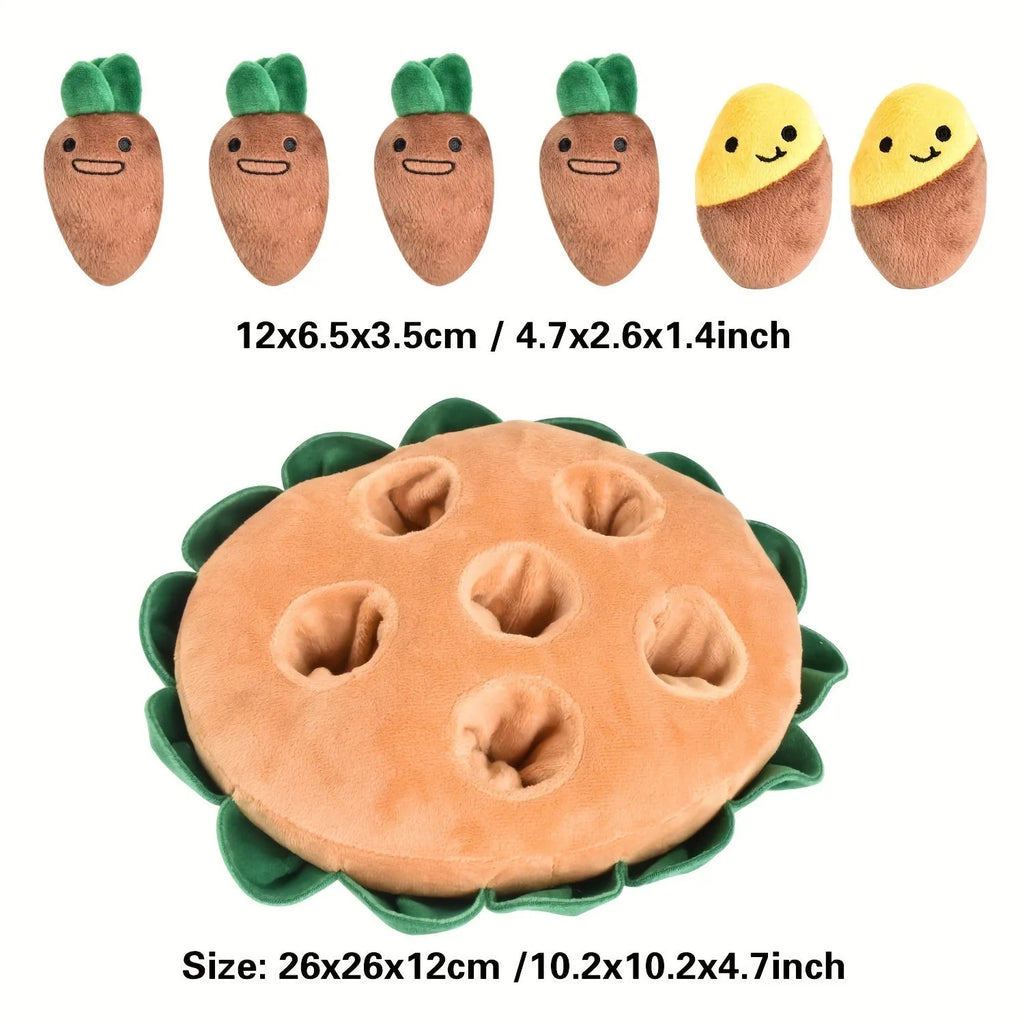Yellow interactive dog puzzle toy with removable squeaky plush and sniffing pads for foraging training