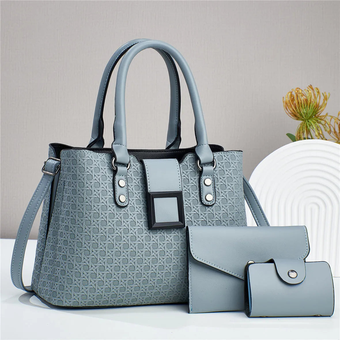 Textured large capacity women's crossbody bag set in multiple colours showing internal compartments
