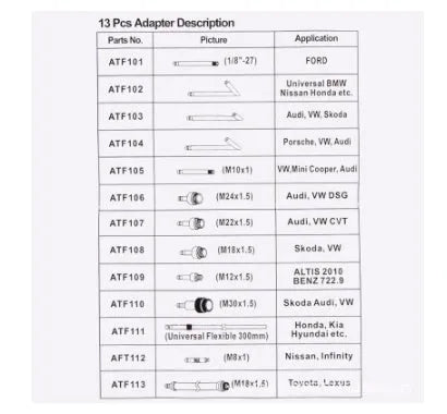 13-piece automatic transmission oil refuelling tool kit with pump and wave box connector.