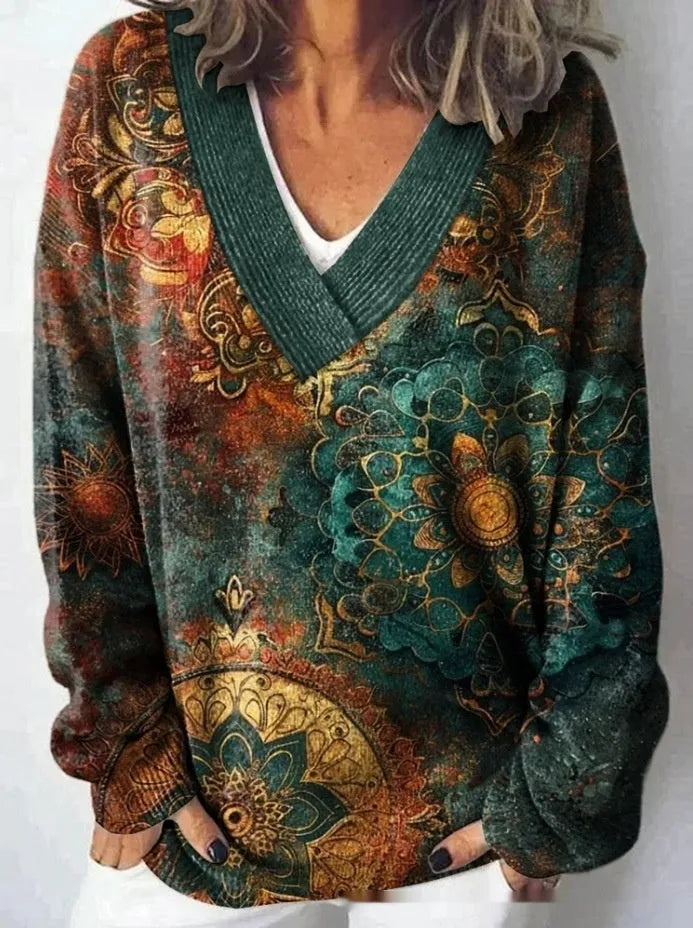Women's V-neck long sleeve sweatshirt with a raised 3D floral pattern in an art retro style.