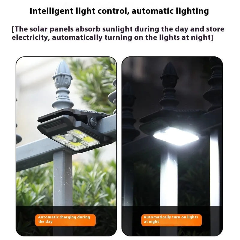 Compact black clip-on human body induction lamp showing dimensions and IP65 rating.
