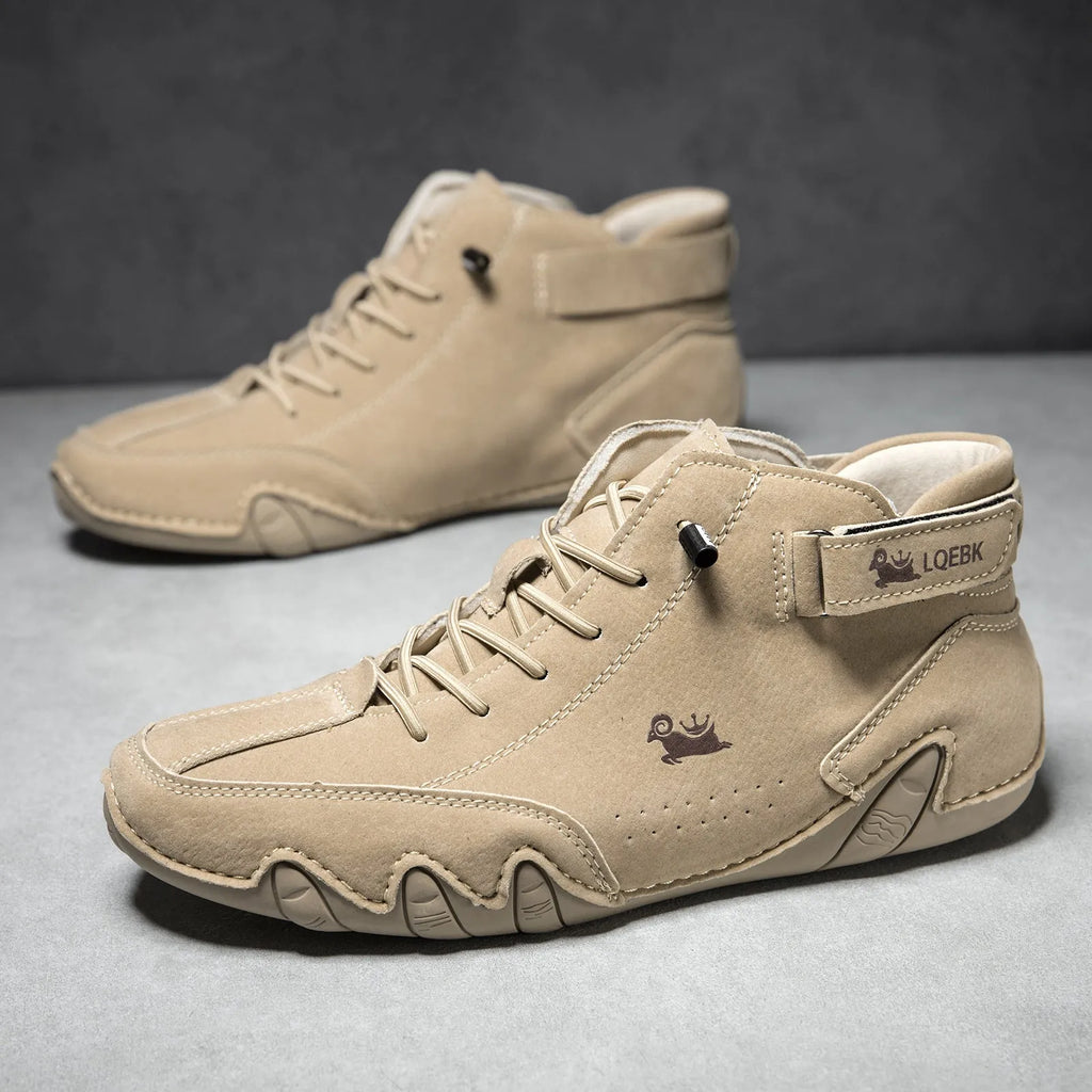Men's brown octopus-design high-top Martin boots with rubber sole and sewn accents.