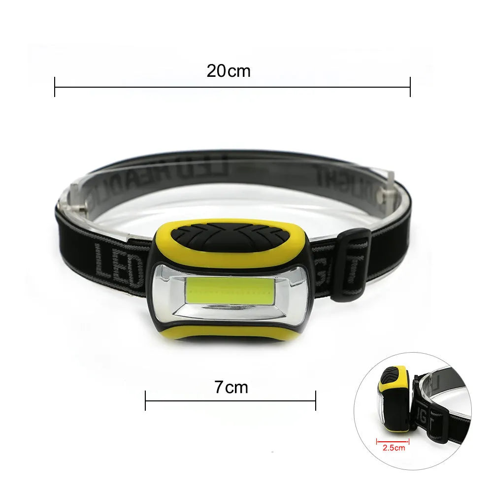 Yellow plastic three-speed COB LED headlamp for outdoor activities.