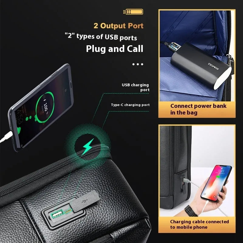 Black men's genuine leather commuter backpack with USB port and sewing line detail.