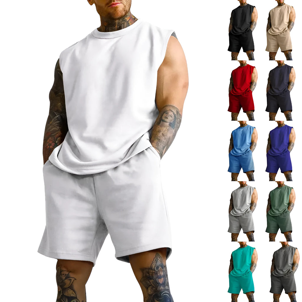 Man wearing a sleeveless army green top and matching shorts from a casual cotton blend sports suit set.