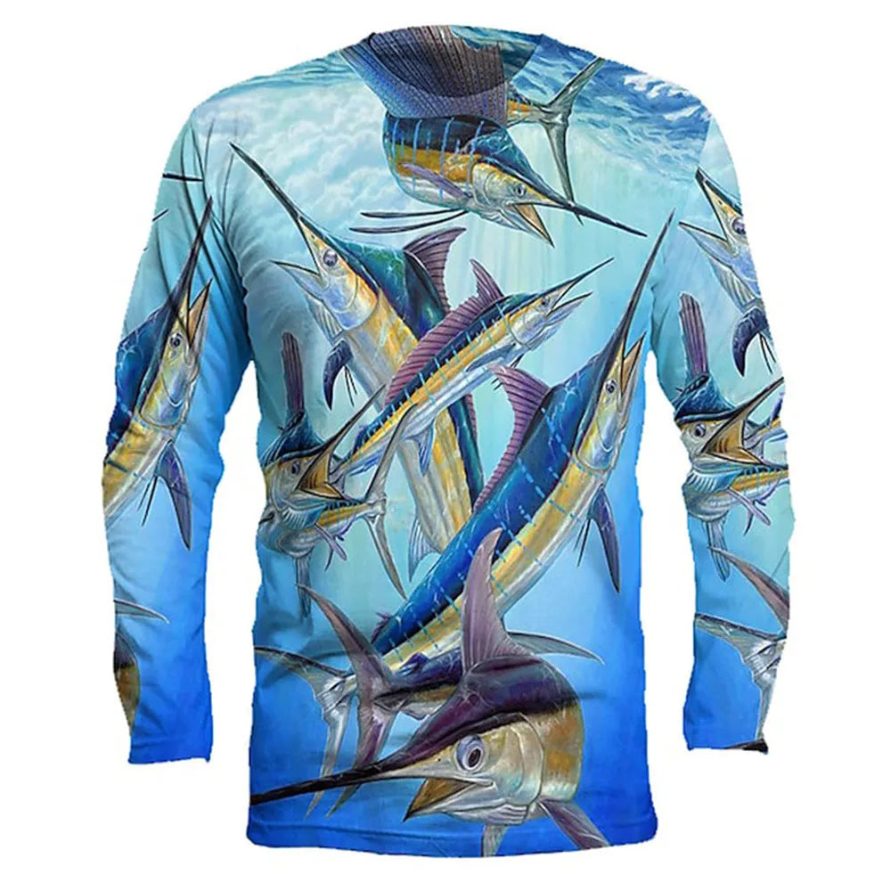 Men's grey round neck long sleeve pullover top with a colourful fish print design on the front.