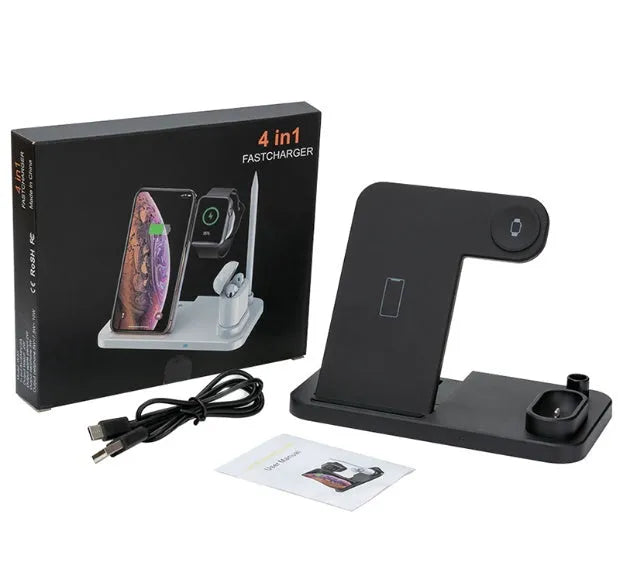 4-in-1 wireless charging station with adjustable magnetic stand charging iPhone, Apple Watch, AirPods, and Apple Pencil