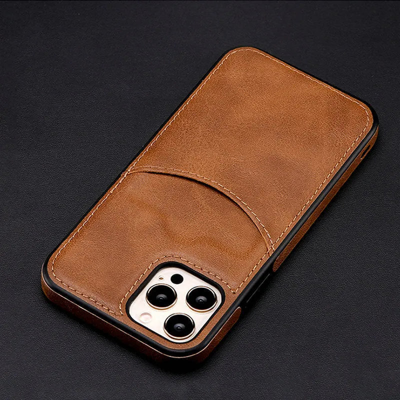Dark blue PU leather iPhone case showing front and back views with precise cutouts