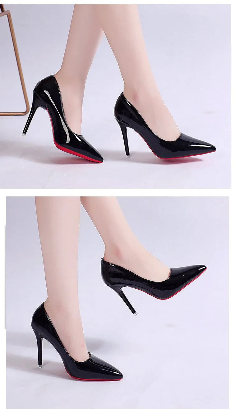 Women's solid colour stiletto heel pumps with pointed toe and shallow cutout design