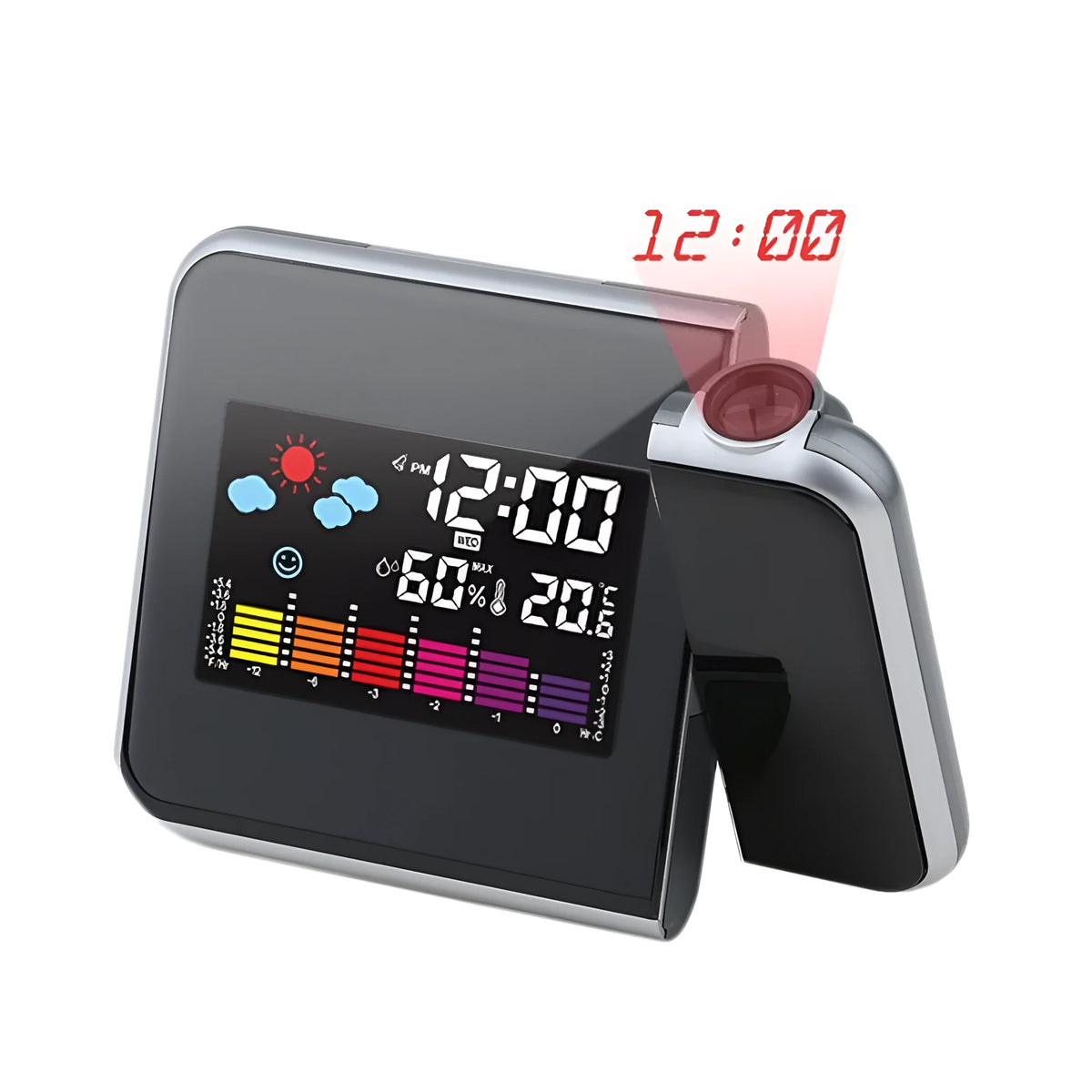 Black digital projection alarm clock showing time, temperature and humidity on multicolour LED display