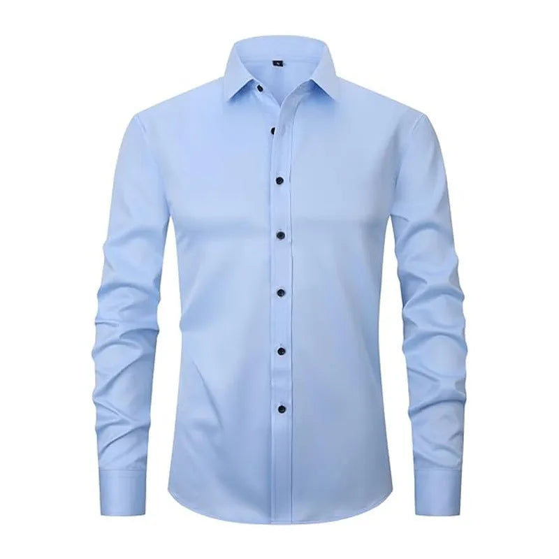 Men's stretch long sleeve work shirt in polyester, showing colour options and size range up to 3XL.