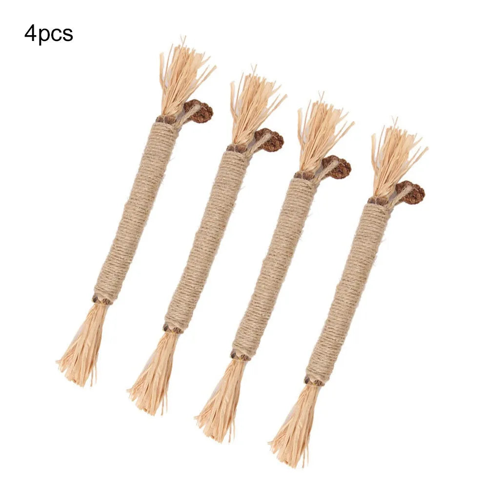 Three natural silvervine chew sticks for cats with sisal rope and raffia dental care elements