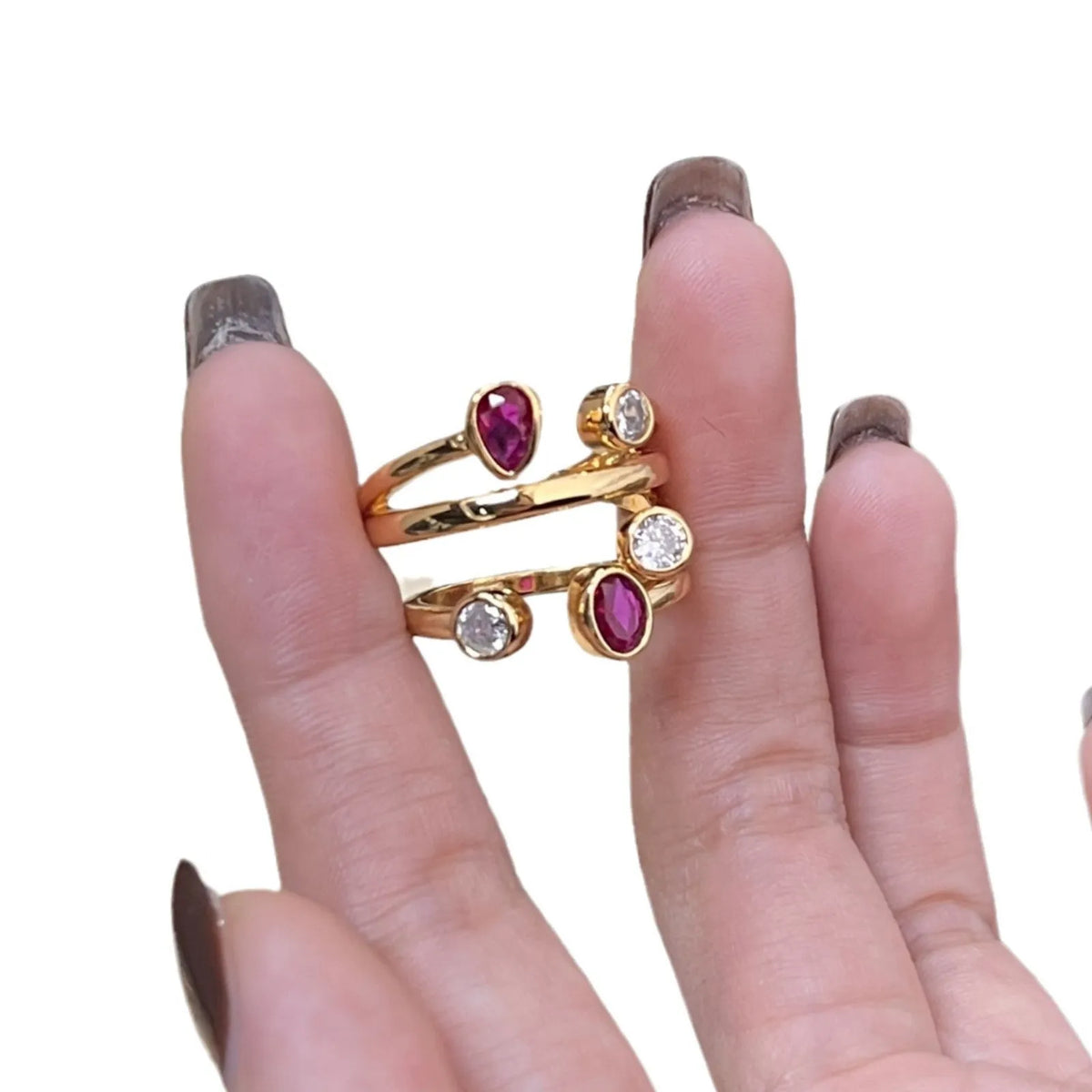 Irregular cross geometric diamond ring with two-tone electroplated finish and double-headed design