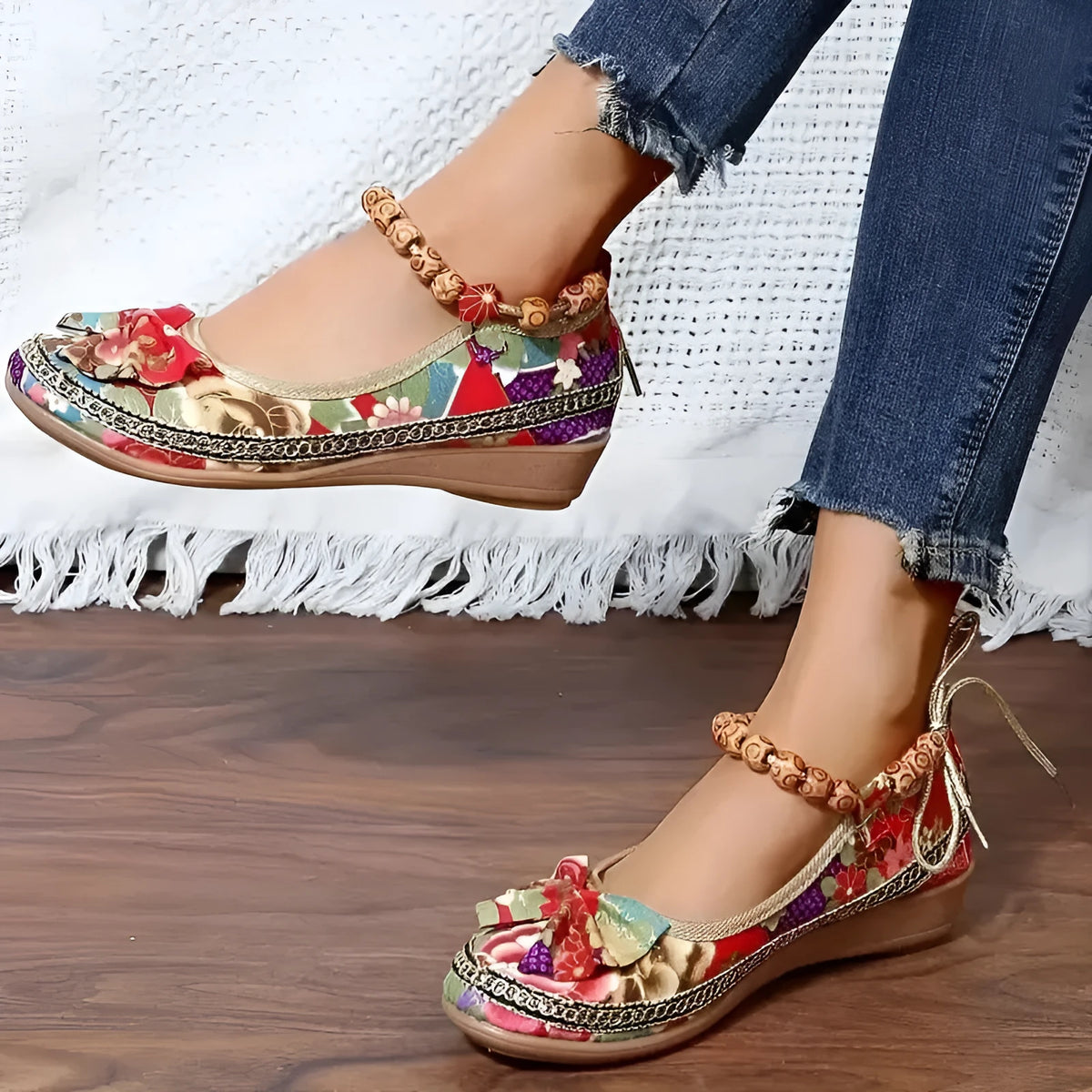 Women's black ethnic style platform sandals with cloth upper and elastic band, plus size range.