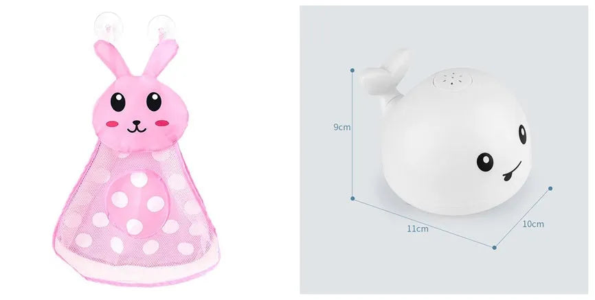 Whale-shaped electric bath toy spraying water with coloured LED lights, shown with base unit on blue background