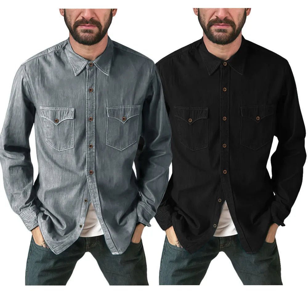 A cotton denim cardigan coat shown in khaki colour on a hanger.