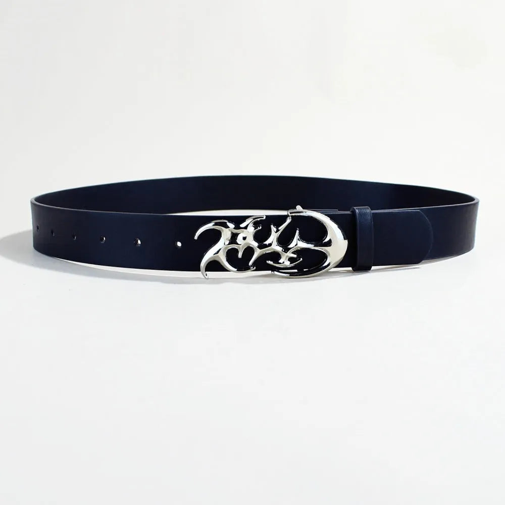Silver buckle PU leather casual belt with snap button fastening.