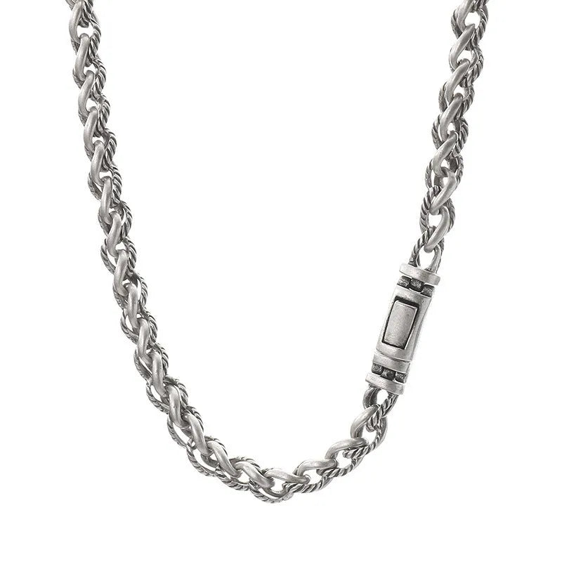 Men's titanium steel hemp flower chain necklace in antique silver finish with geometric twist design