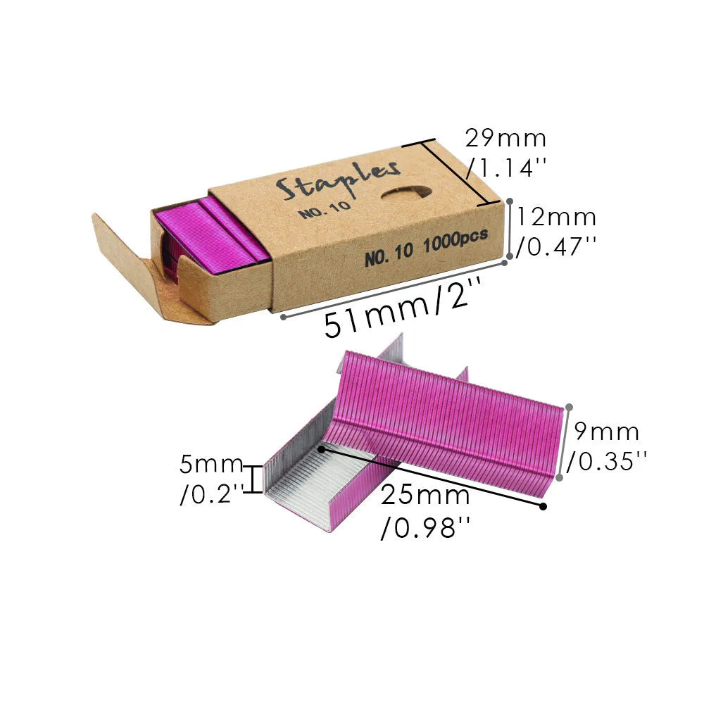 Box of 1000 metal office staples showing colour options: black, purple, rose gold, rose red