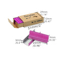 Box of 1000 metal office staples showing colour options: black, purple, rose gold, rose red