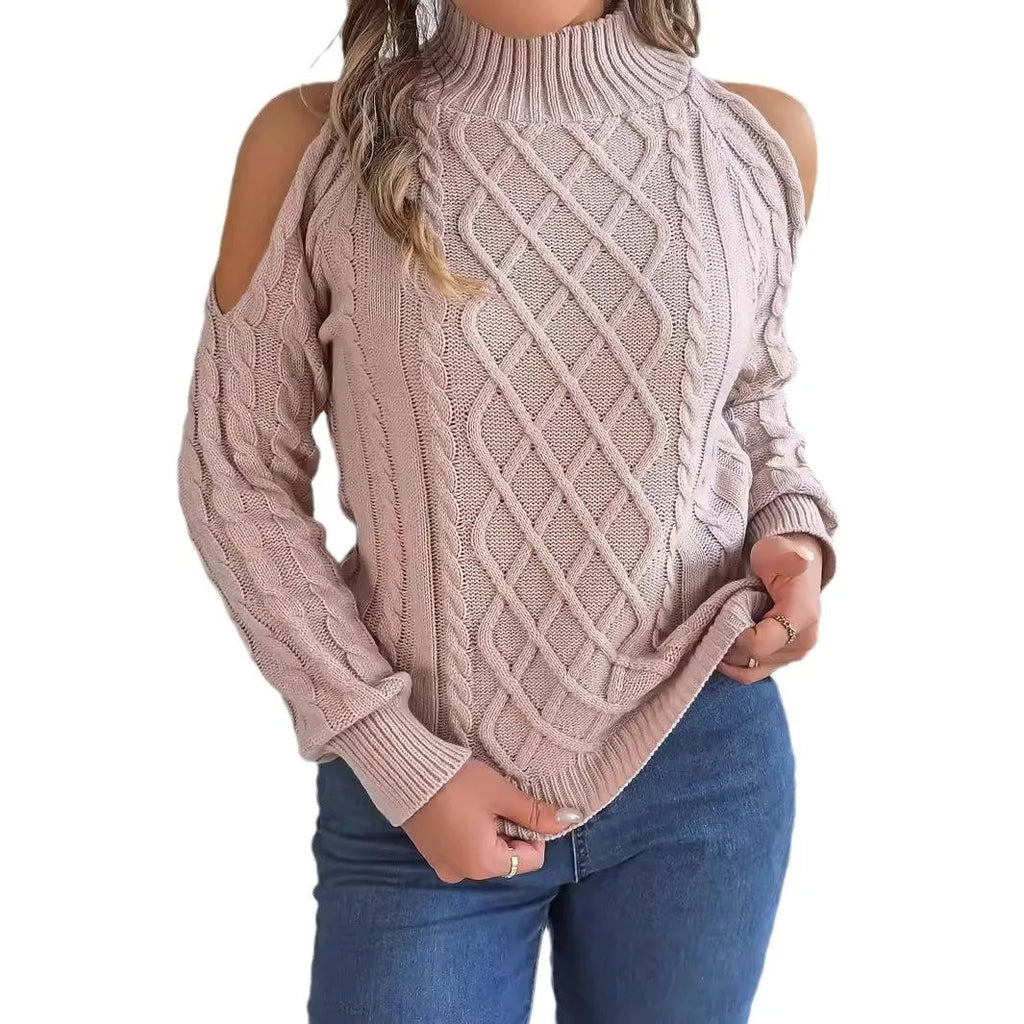 A woman's strapless, twisted-knit sweater with long lantern sleeves and a half-high collar.