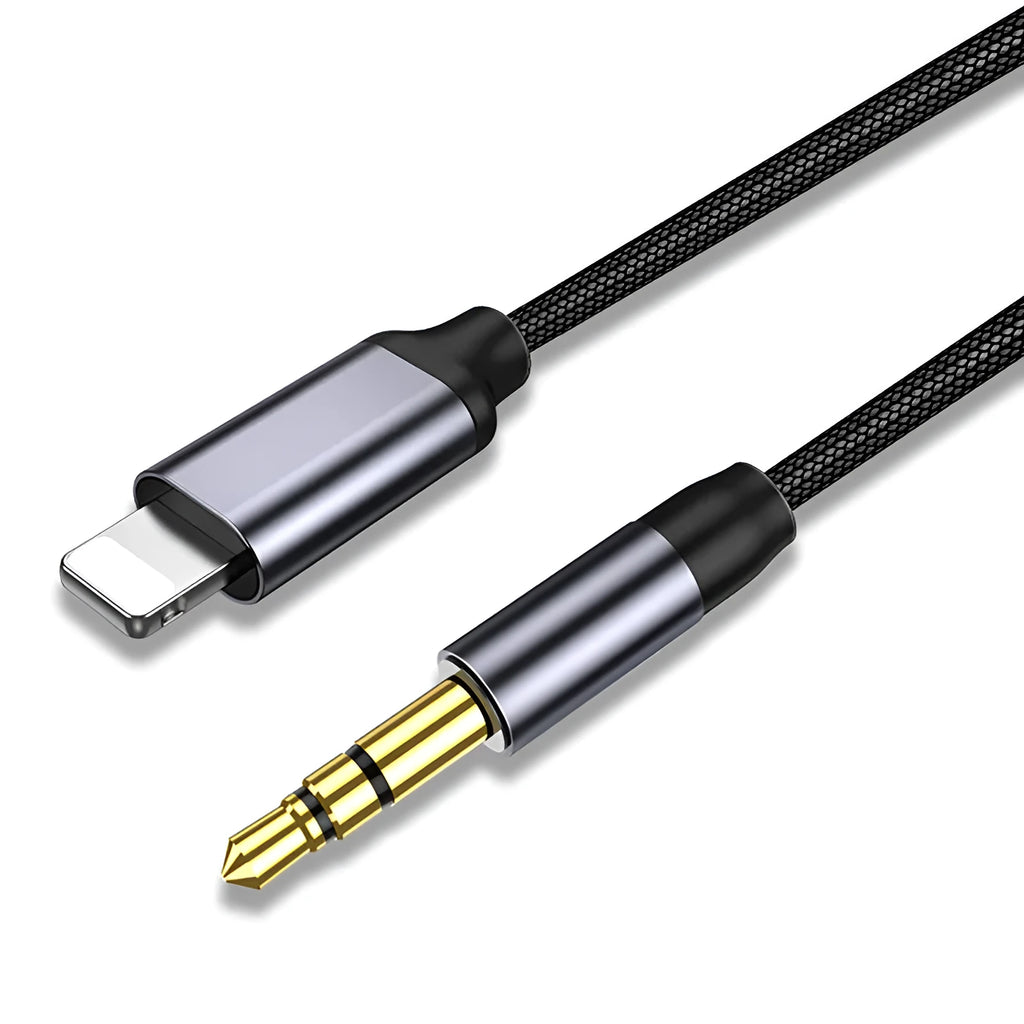 Silver and black nylon audio cable for headphones and car adapter, shown in different lengths.