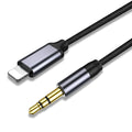 Silver and black nylon audio cable for headphones and car adapter, shown in different lengths.