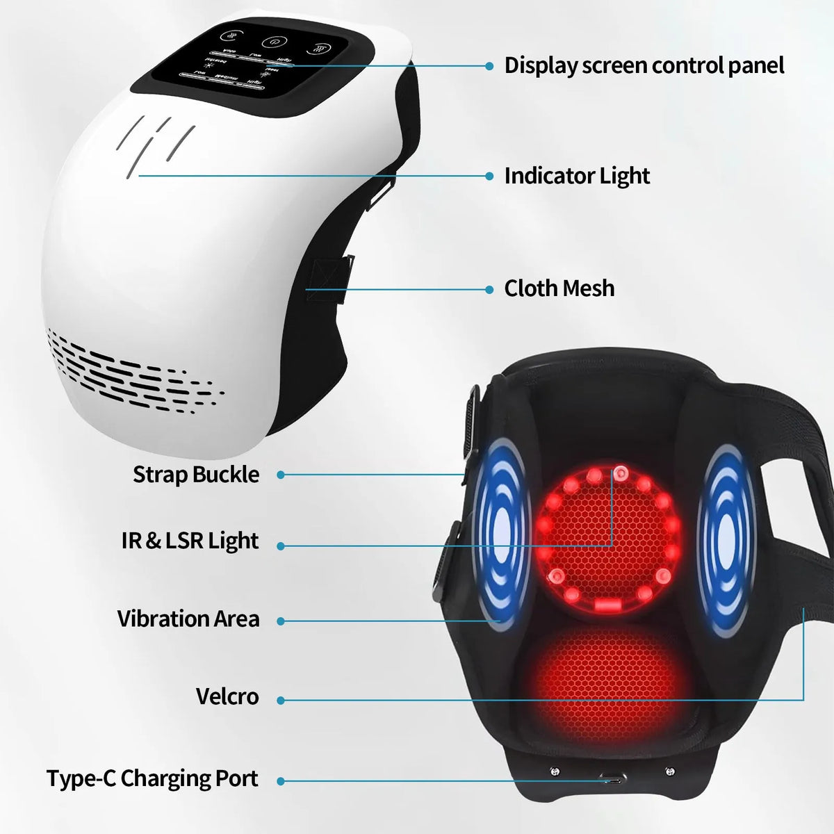 Intelligent electric knee massager with heating, kneading, infrared laser and vibration functions in white colour