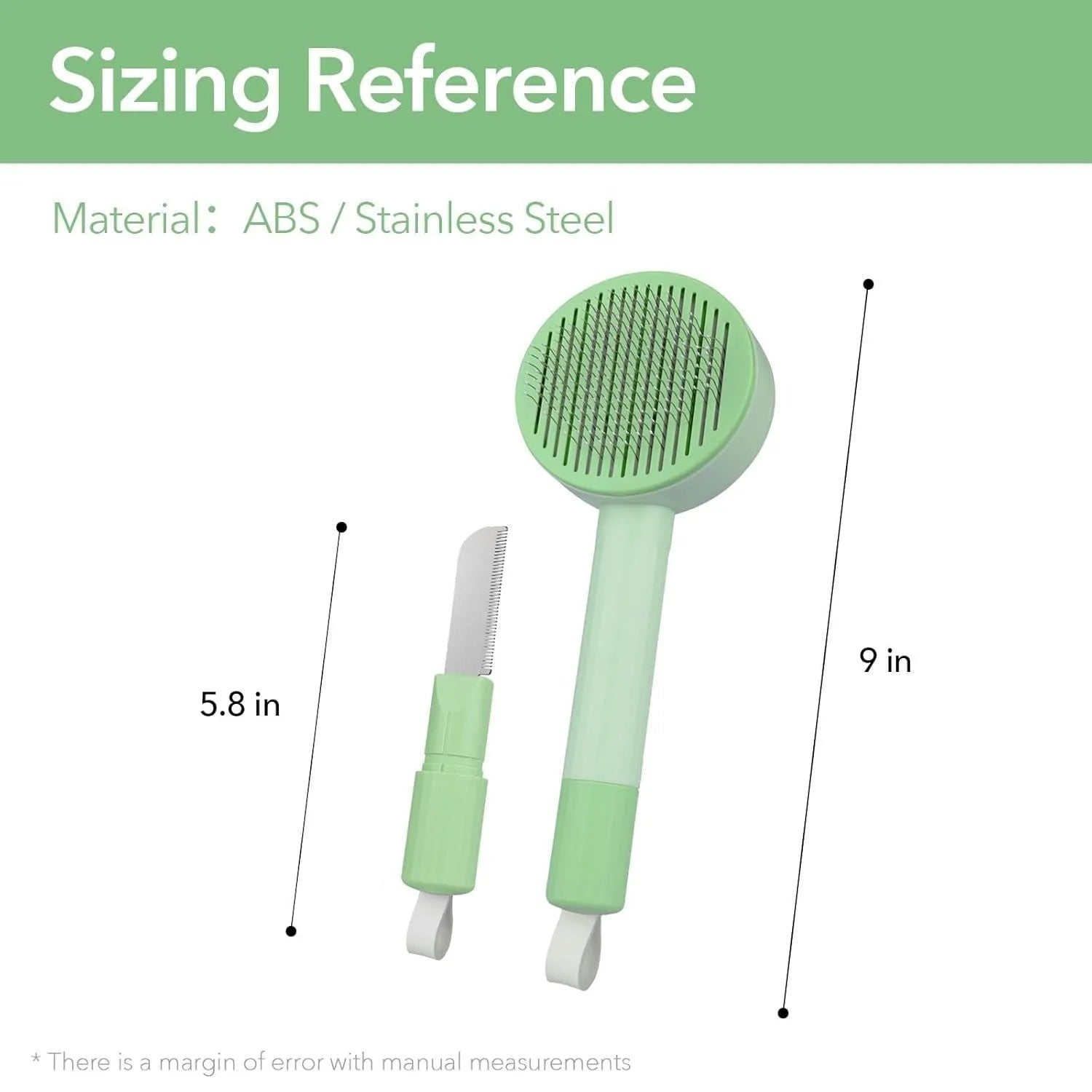 Green and yellow pet grooming brush with stainless steel deshedding teeth and hanging loop
