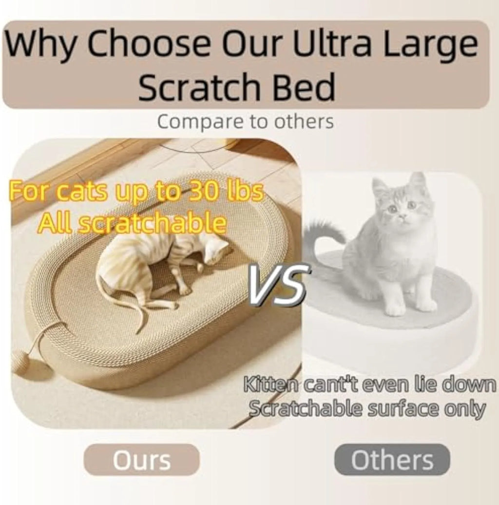 Large natural sisal cat scratching board with raised lounging platform for cats.