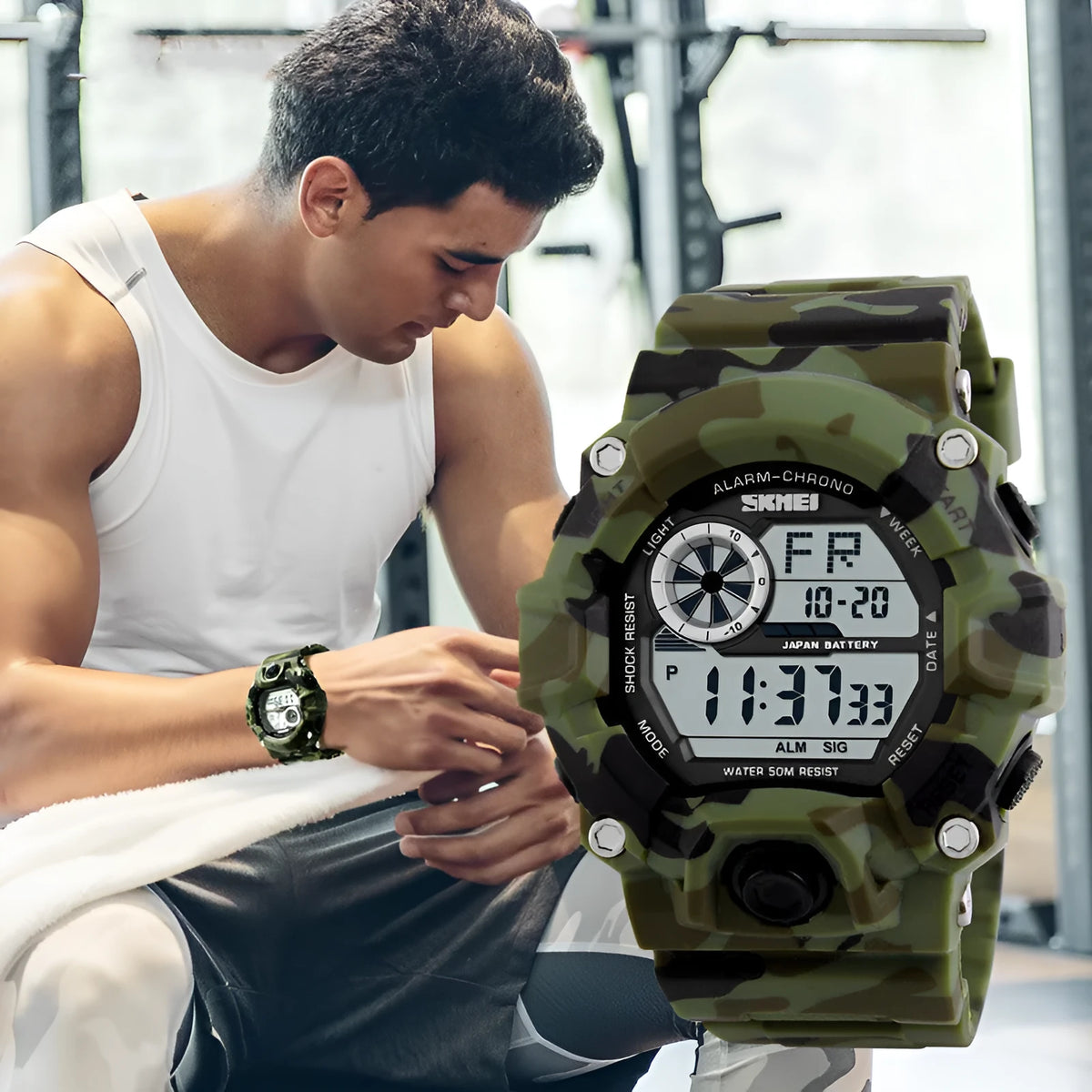 Multifunctional electronic sports watch with round dial, plastic strap, and 30M waterproof rating in army green colour.